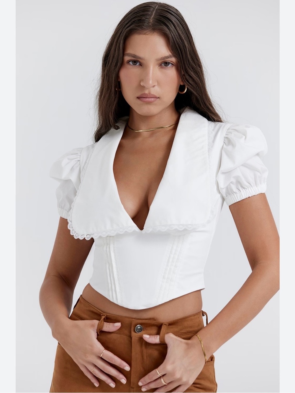 House of CB White Structured Cropped Top with Puff Details